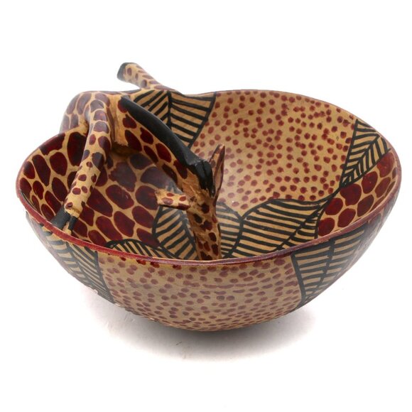 African Wood Giraffe Bowl Kenya Decor Spotted Lightweight Art Fruit Bowl Handle - Picture 2 of 11